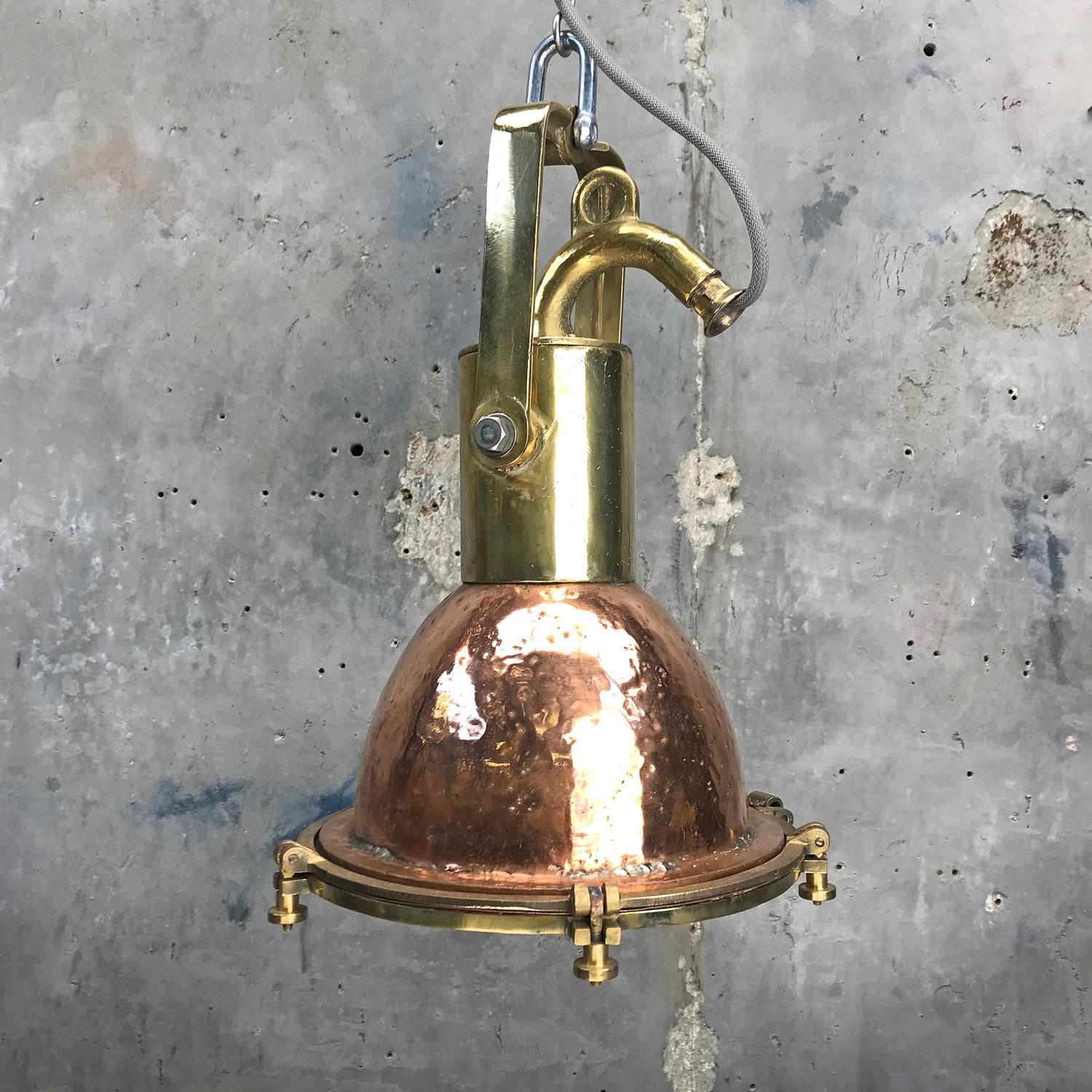 Midcentury German Copper, Brass and Glass Industrial Marine Pendant Light 11