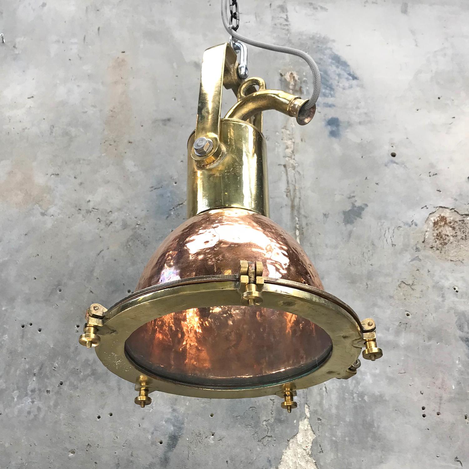 Midcentury German Copper, Brass and Glass Industrial Marine Pendant Light 12