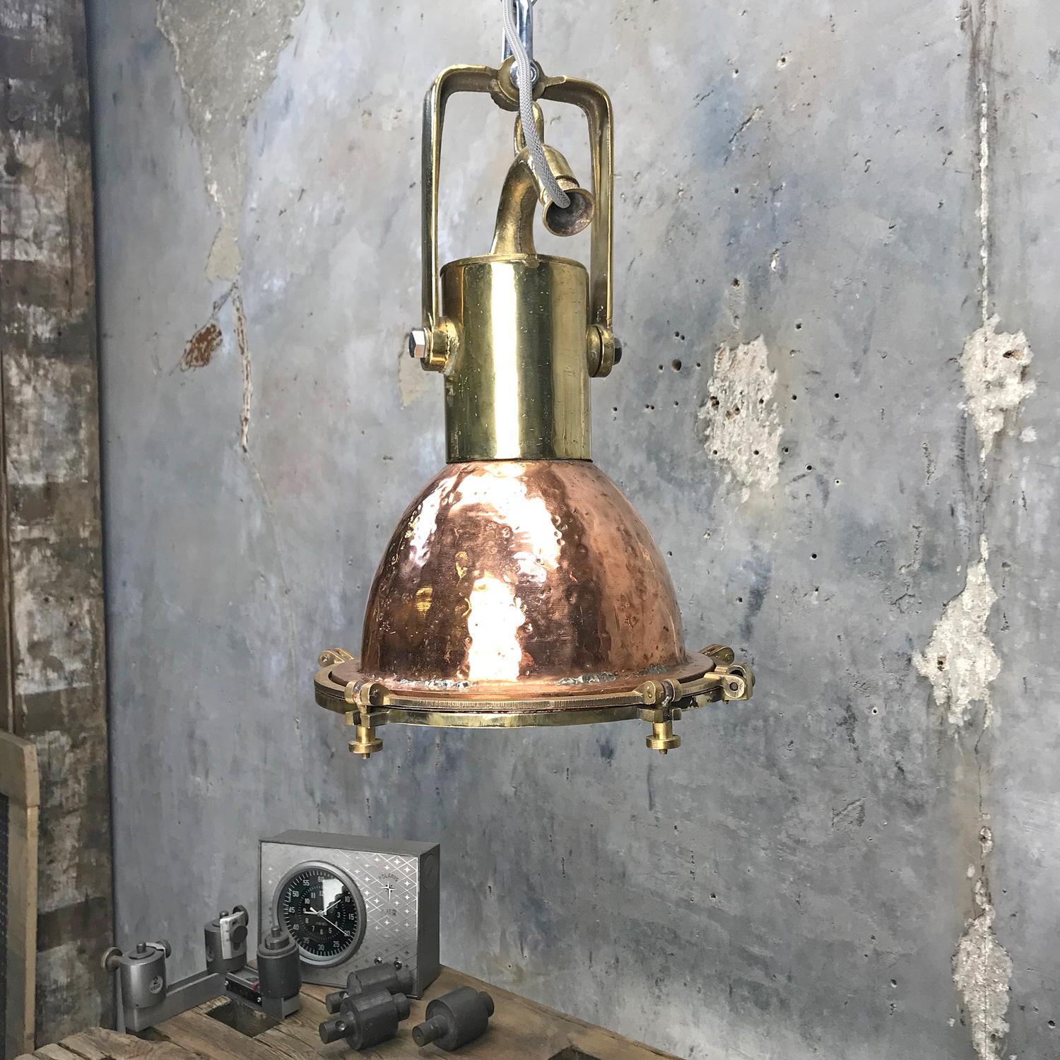 Cast Midcentury German Copper, Brass and Glass Industrial Marine Pendant Light