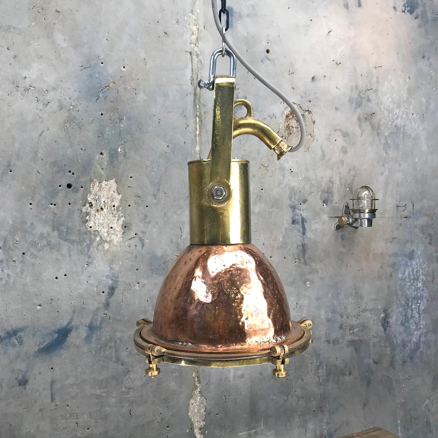 Midcentury German Copper, Brass and Glass Industrial Marine Pendant Light In Good Condition In Leicester, Leicestershire