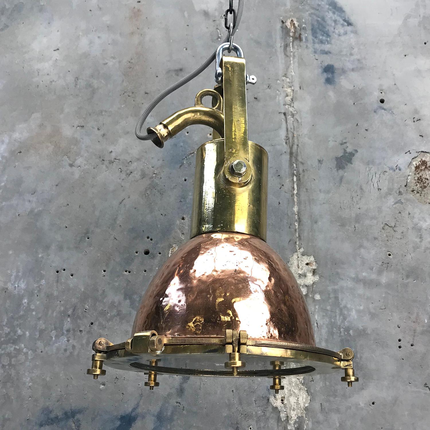 Mid-20th Century Midcentury German Copper, Brass and Glass Industrial Marine Pendant Light