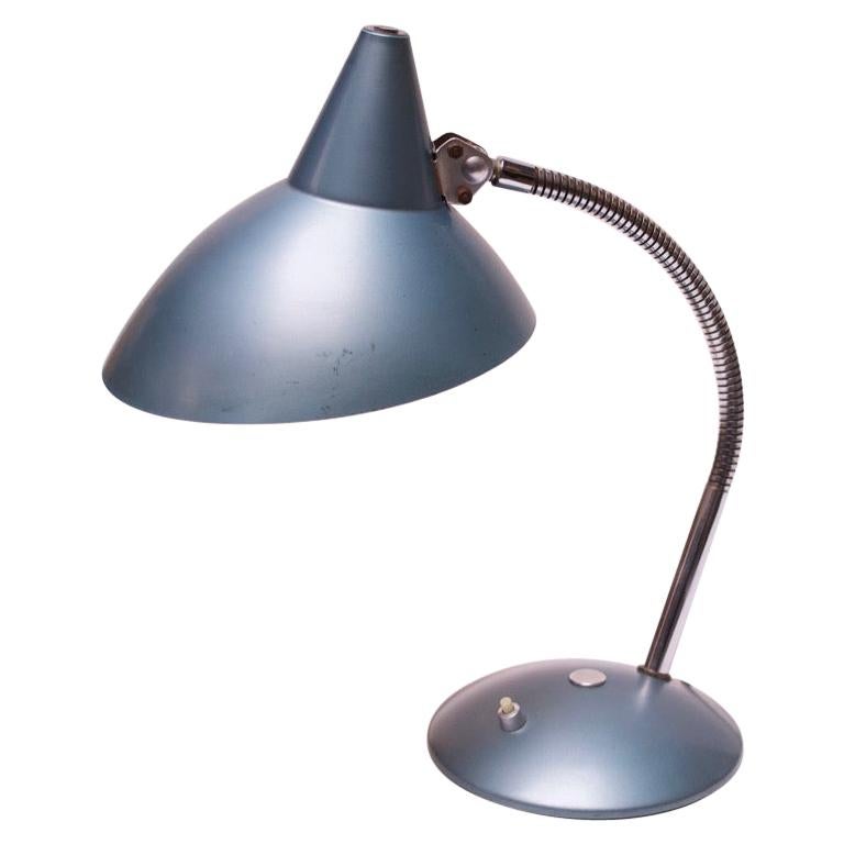 Midcentury German Gooseneck Table Lamp in Metallic Blue by Helo Leuchten For Sale