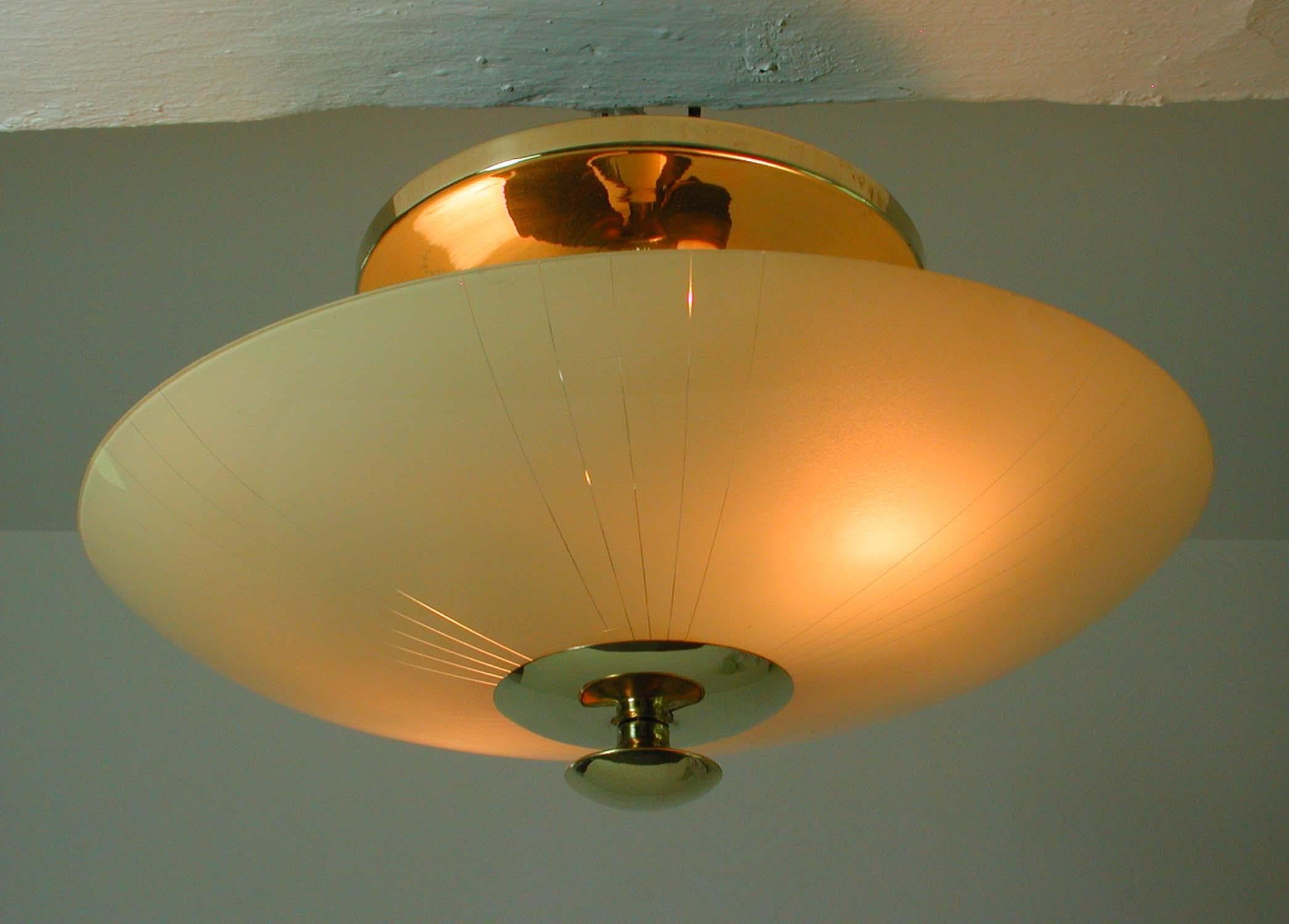 Midcentury German Opaline and Brass Flush Mount, 1950s For Sale 6