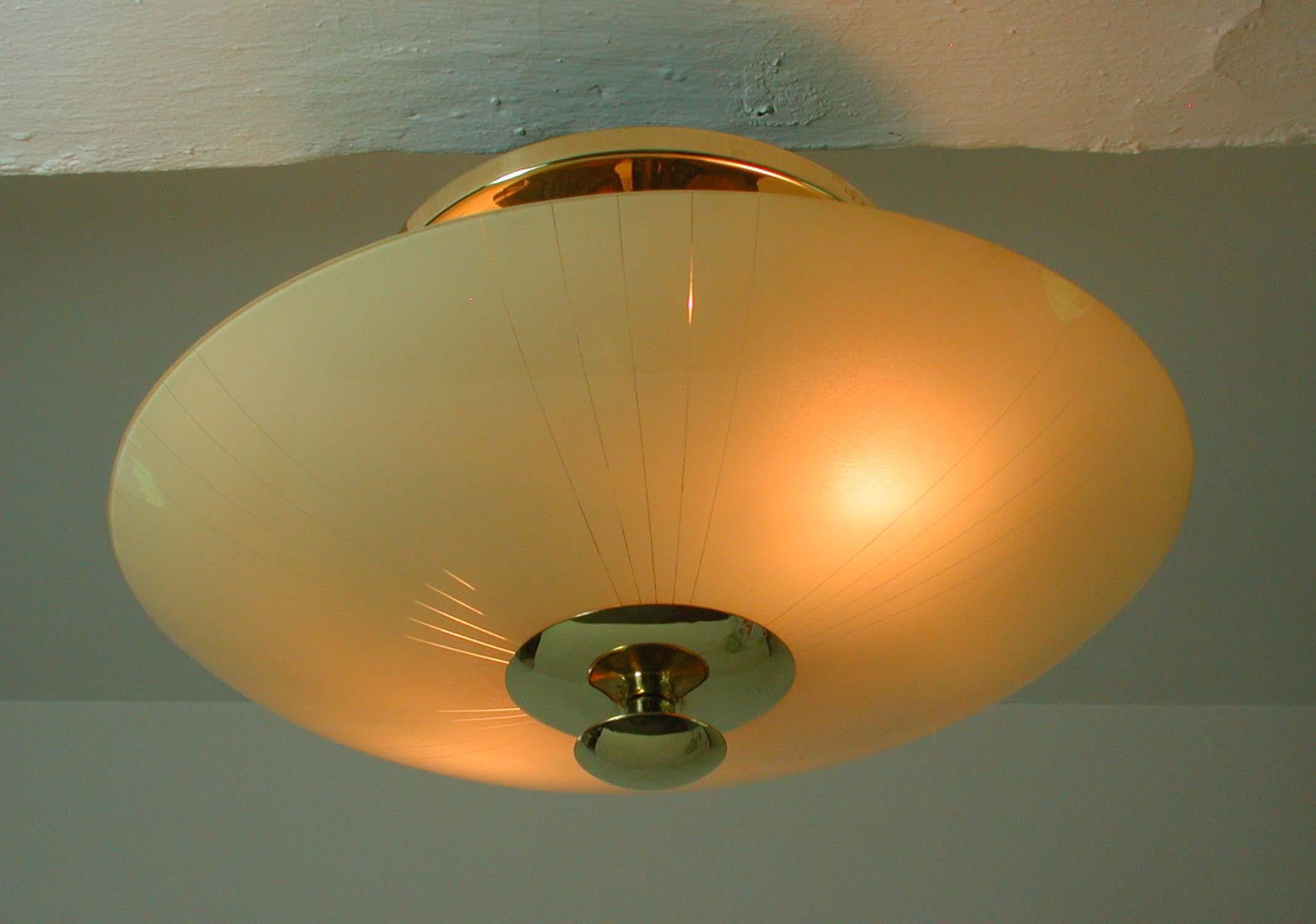 Midcentury German Opaline and Brass Flush Mount, 1950s For Sale 8