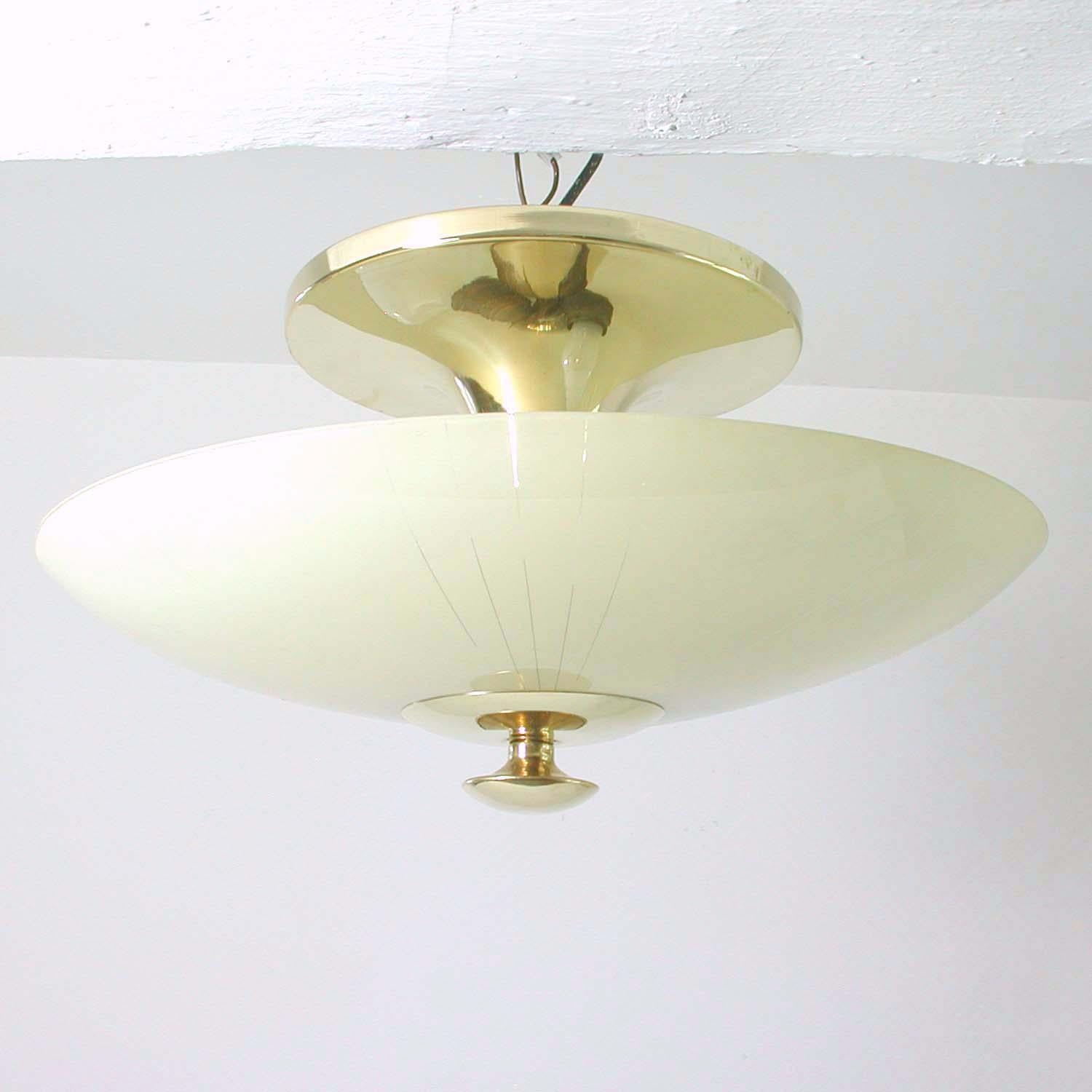 Midcentury German Opaline and Brass Flush Mount, 1950s For Sale 9
