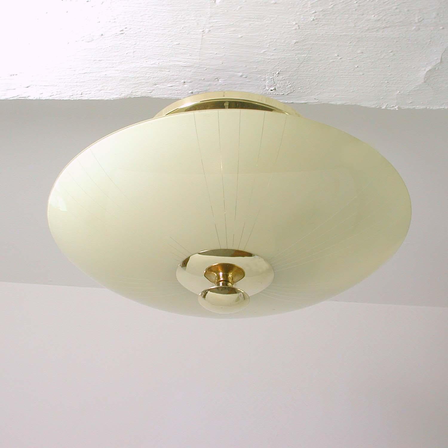 Midcentury German Opaline and Brass Flush Mount, 1950s In Good Condition For Sale In NUEMBRECHT, NRW