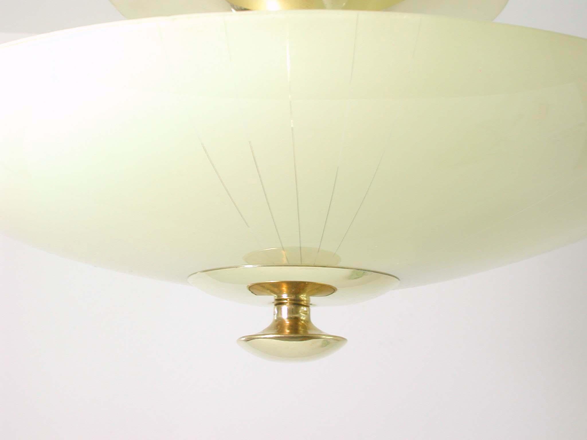 Mid-20th Century Midcentury German Opaline and Brass Flush Mount, 1950s For Sale