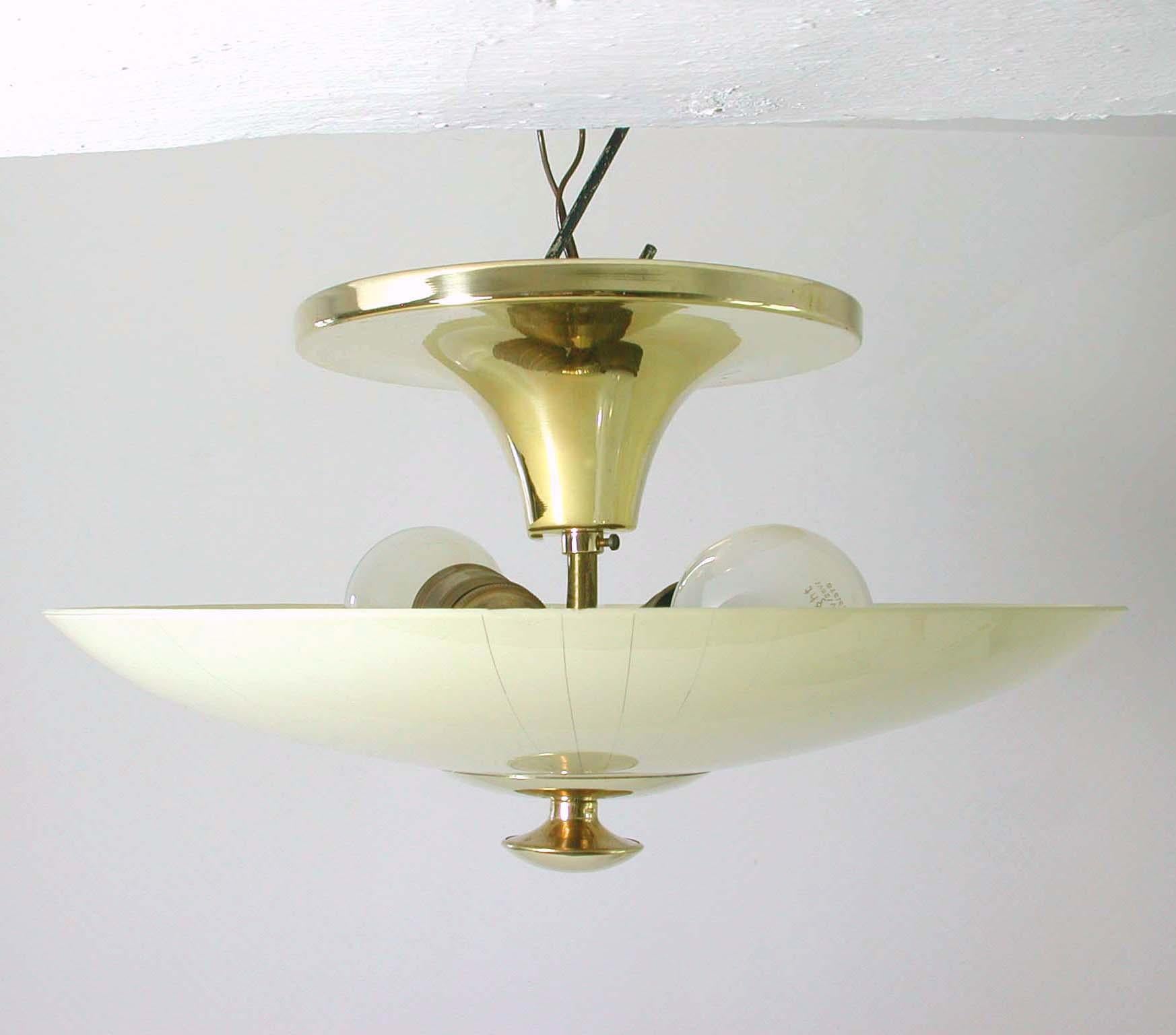 Midcentury German Opaline and Brass Flush Mount, 1950s For Sale 1
