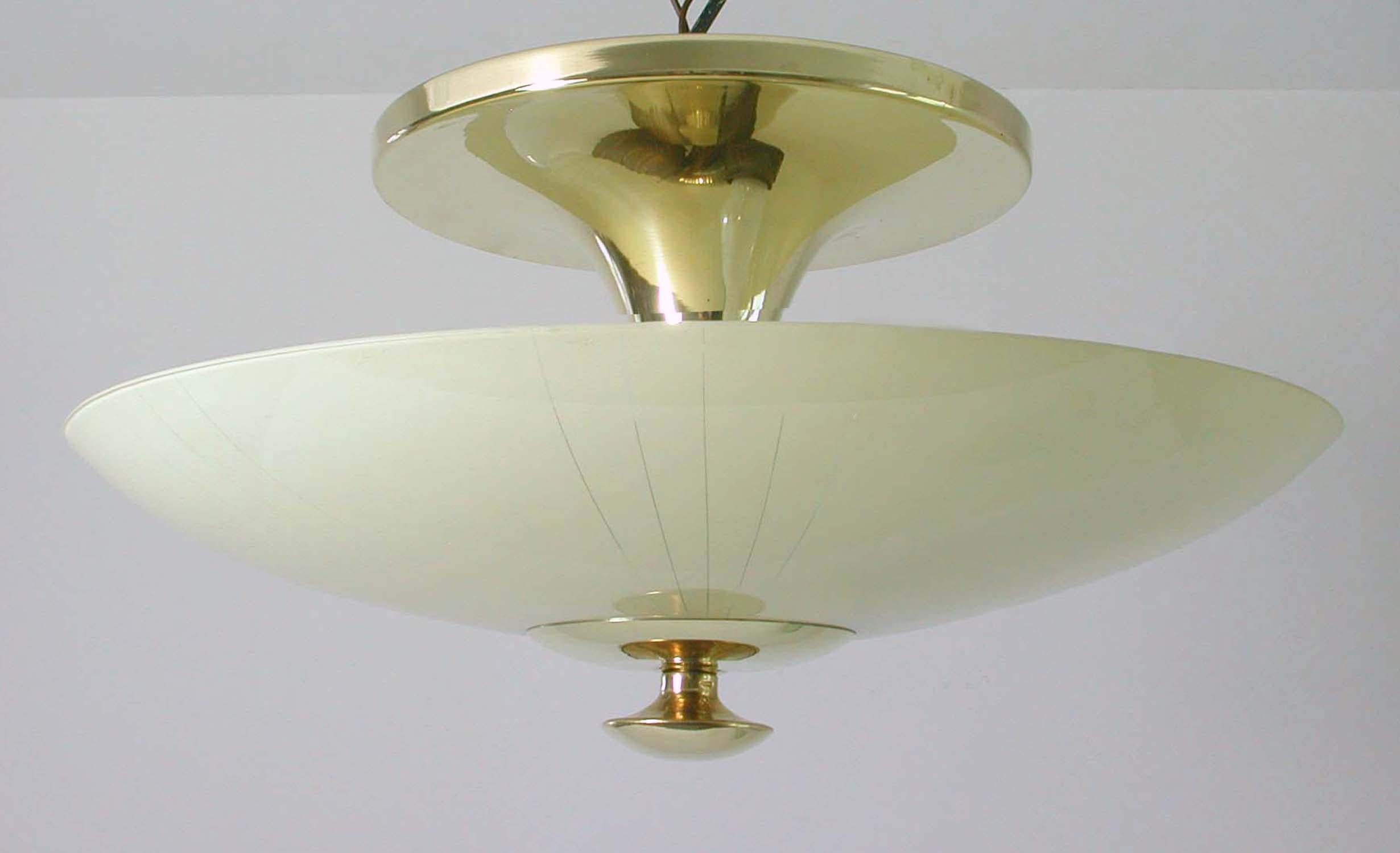 Midcentury German Opaline and Brass Flush Mount, 1950s For Sale 3