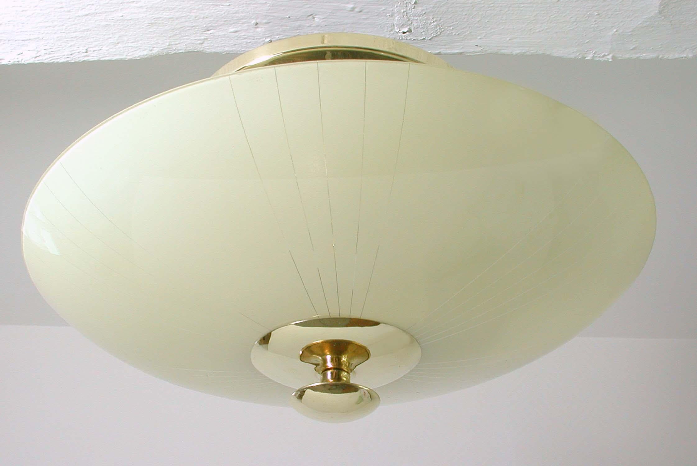 Midcentury German Opaline and Brass Flush Mount, 1950s For Sale 4