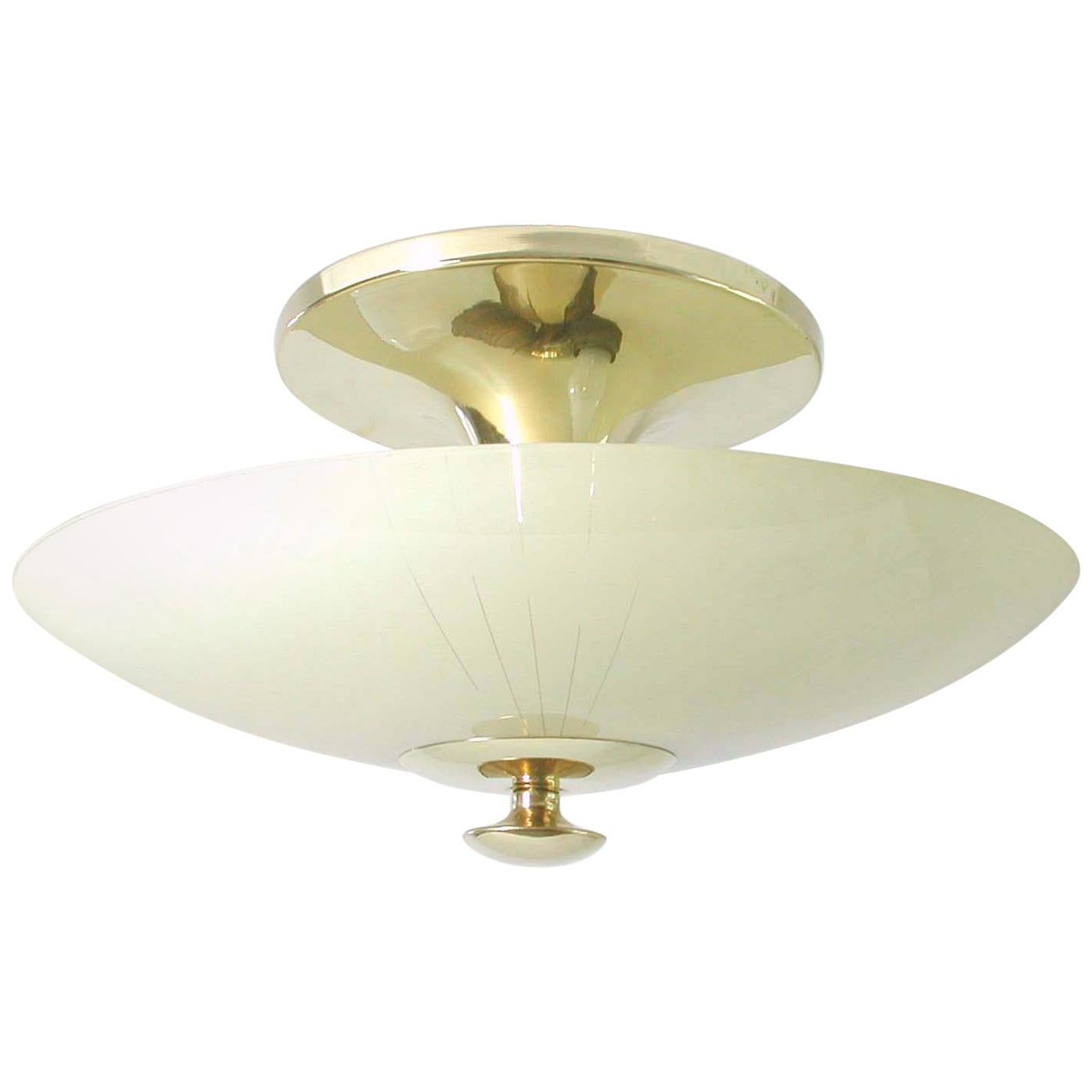 Midcentury German Opaline and Brass Flush Mount, 1950s For Sale