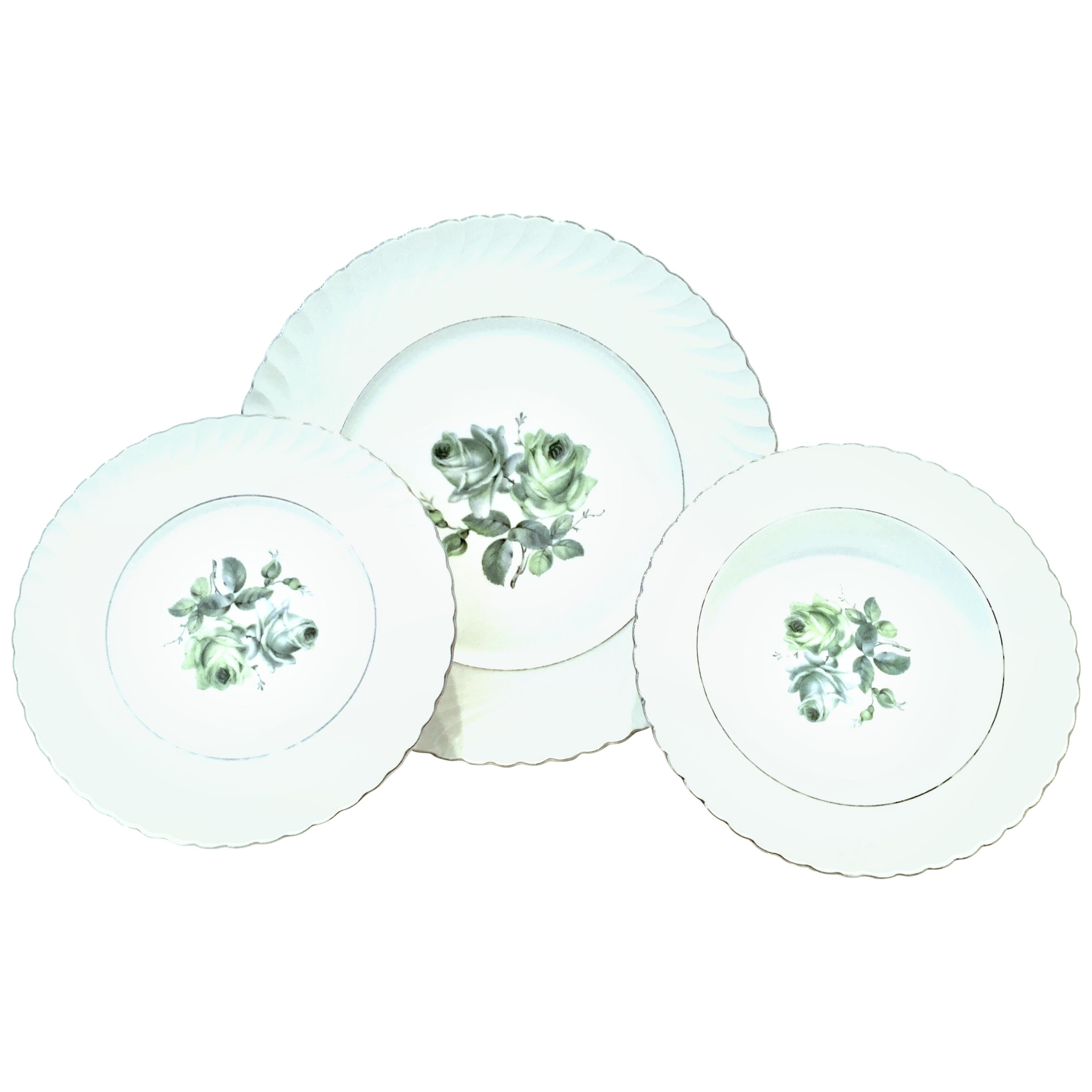 Midcentury German Porcelain & Platinum Dinnerware by, Royal Tettau, Set of 12 For Sale