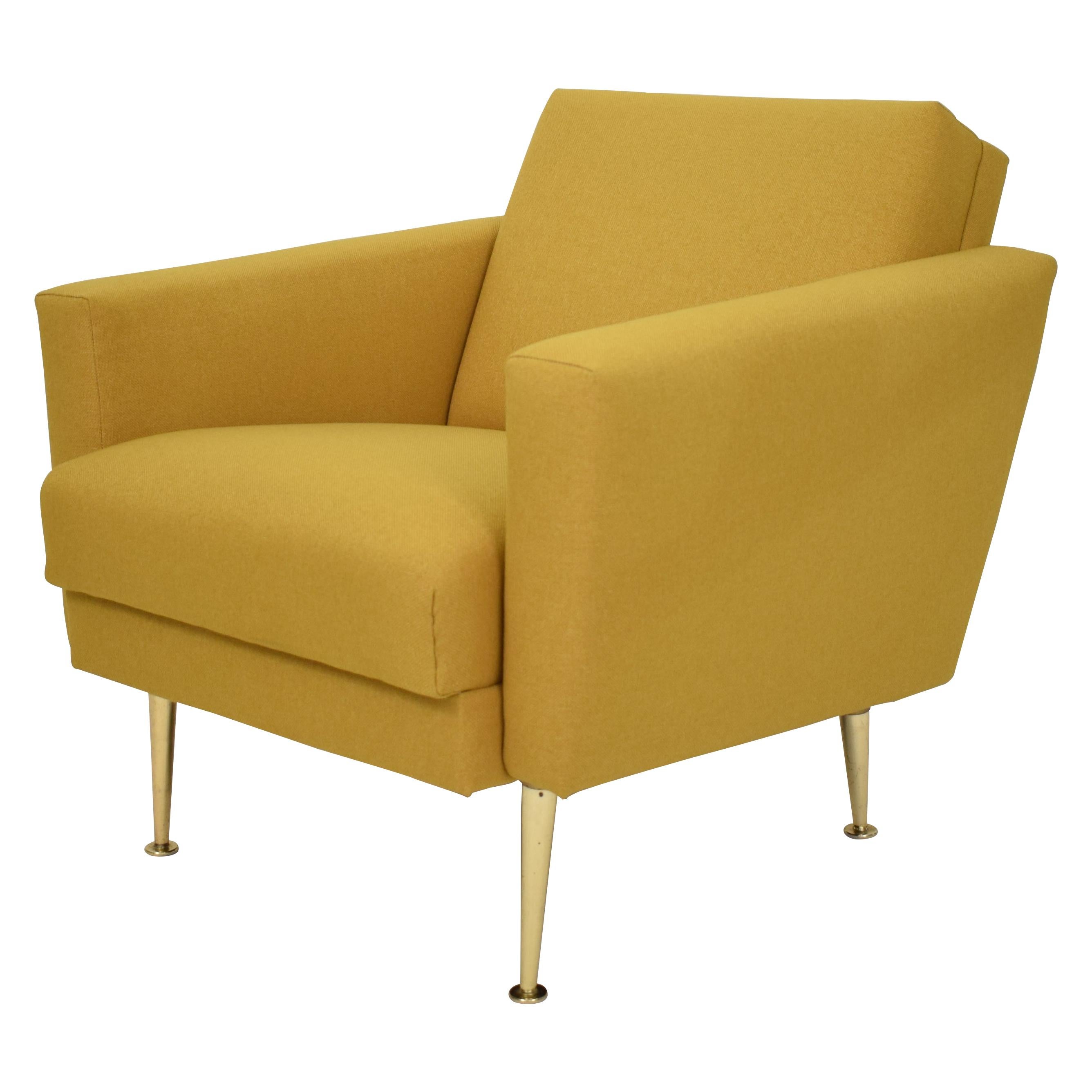 Midcentury German Yellow and Brass Lounge Chair Armchair Pierre Guariche Style
