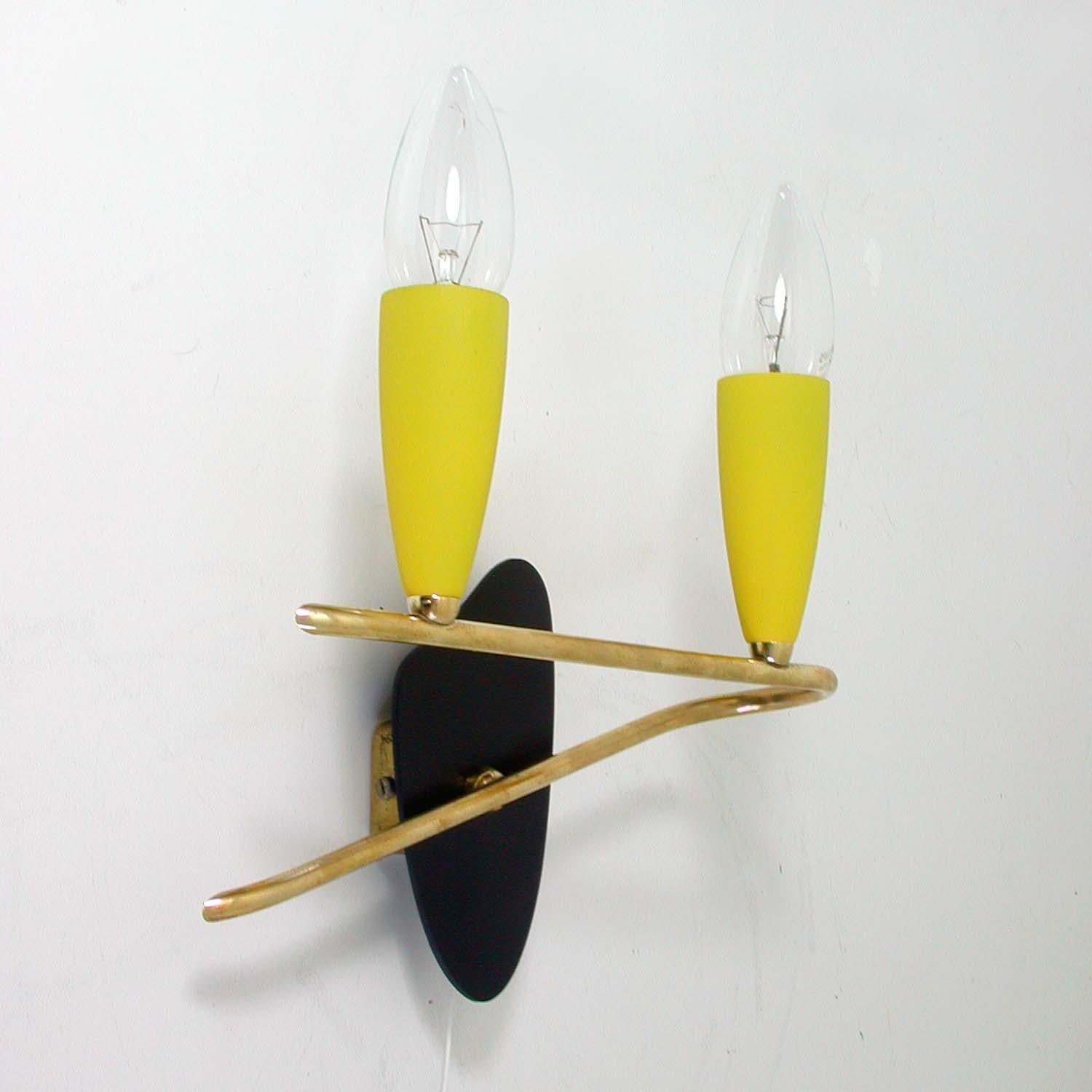 Lacquered Midcentury German Yellow Black and Brass Wall Light Sconce, 1950s