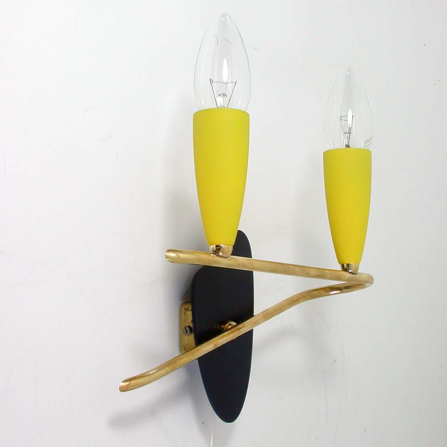 Mid-20th Century Midcentury German Yellow Black and Brass Wall Light Sconce, 1950s