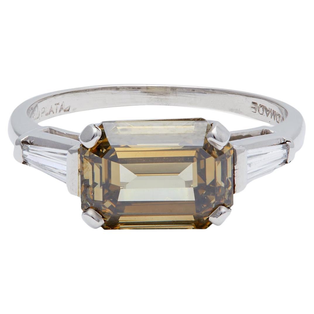 Midcentury GIA 4.10 Carats Fancy Color Diamond Platinum Ring