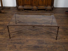 Midcentury Giacometti Style Iron Coffee Table with Glass Top, X-Form Stretcher