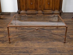 Midcentury Giacometti Style Iron Coffee Table with Glass Top, X-Form Stretcher