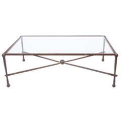 Midcentury Giacometti Style Iron Coffee Table with Glass Top, X-Form Stretcher