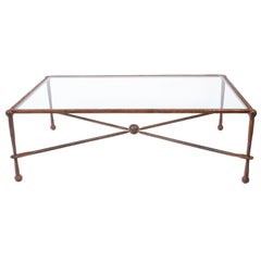 Midcentury Giacometti Style Iron Coffee Table with Glass Top, X-Form Stretcher