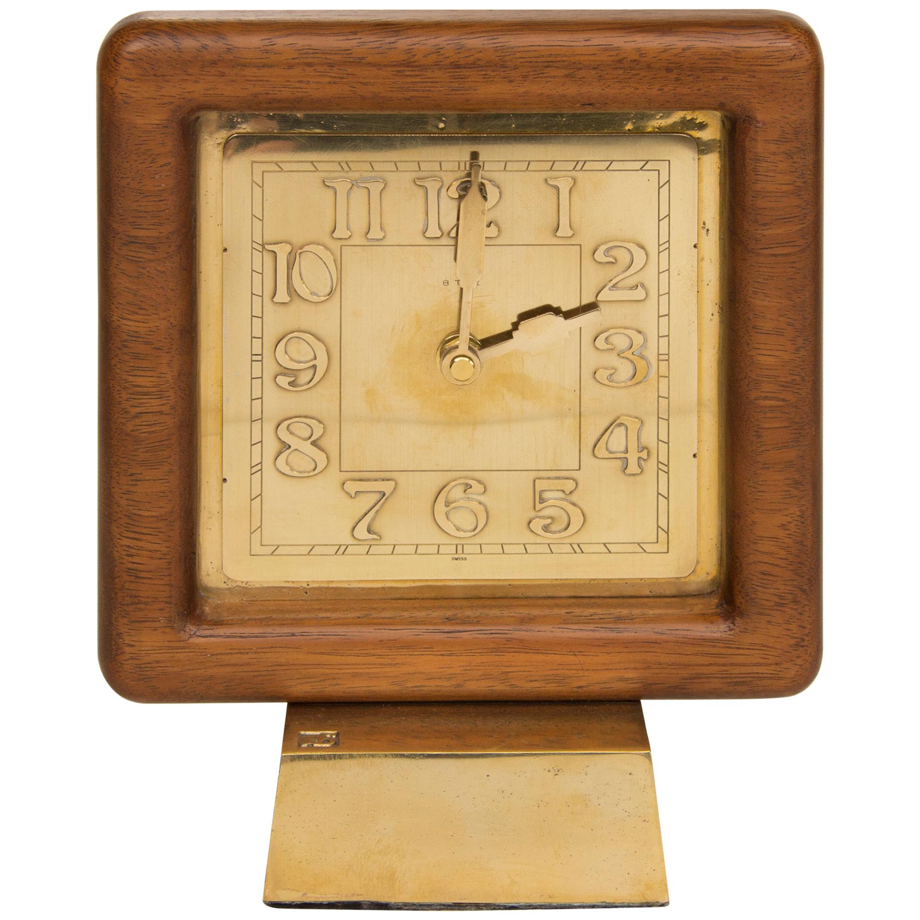 Midcentury Gild Bronze Clock in a Solid Teak Frame For Sale