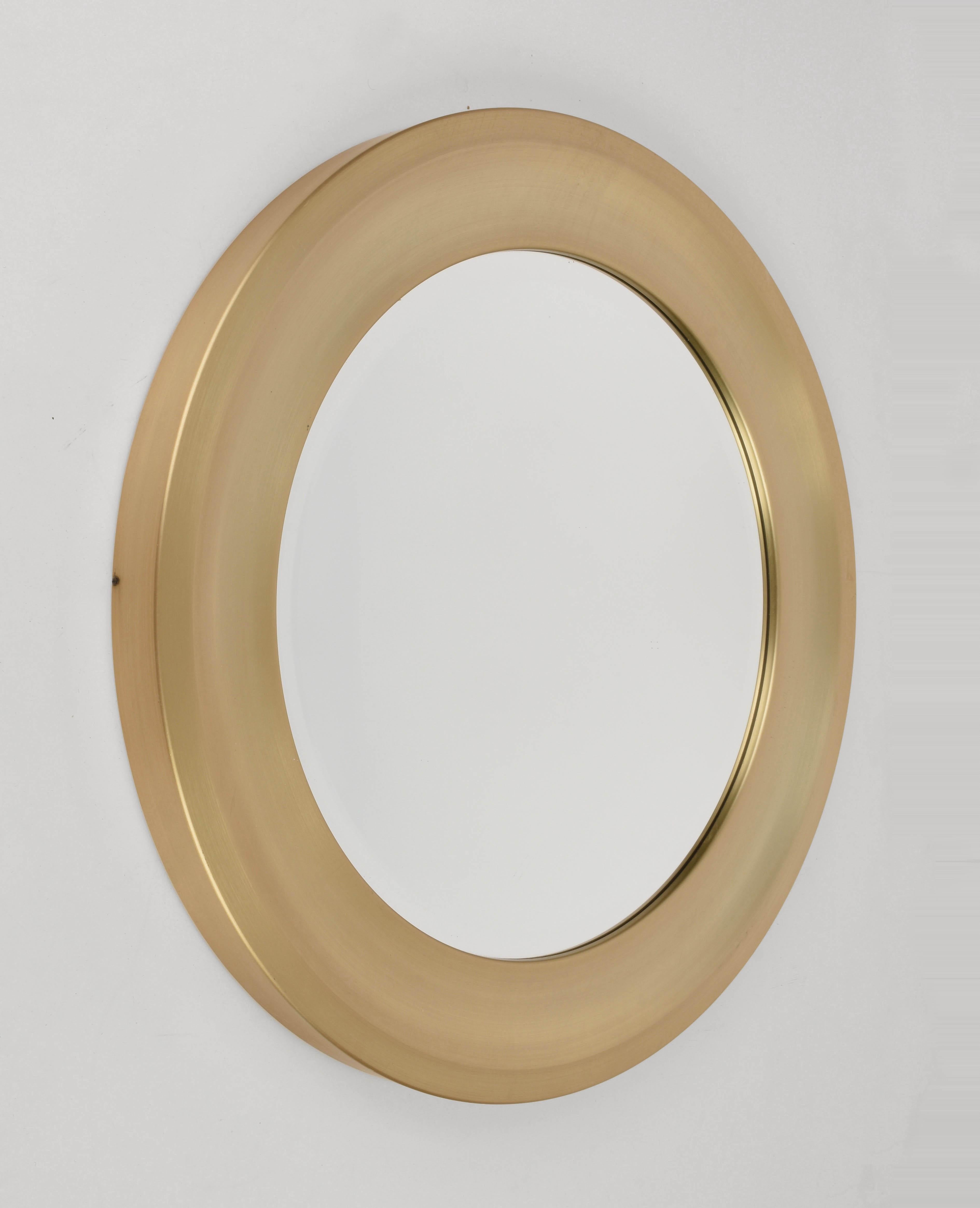 Mid-Century Modern Midcentury Gilded Aluminum Frame Round Bevel Italian Mirror Artemide Style 1960s For Sale