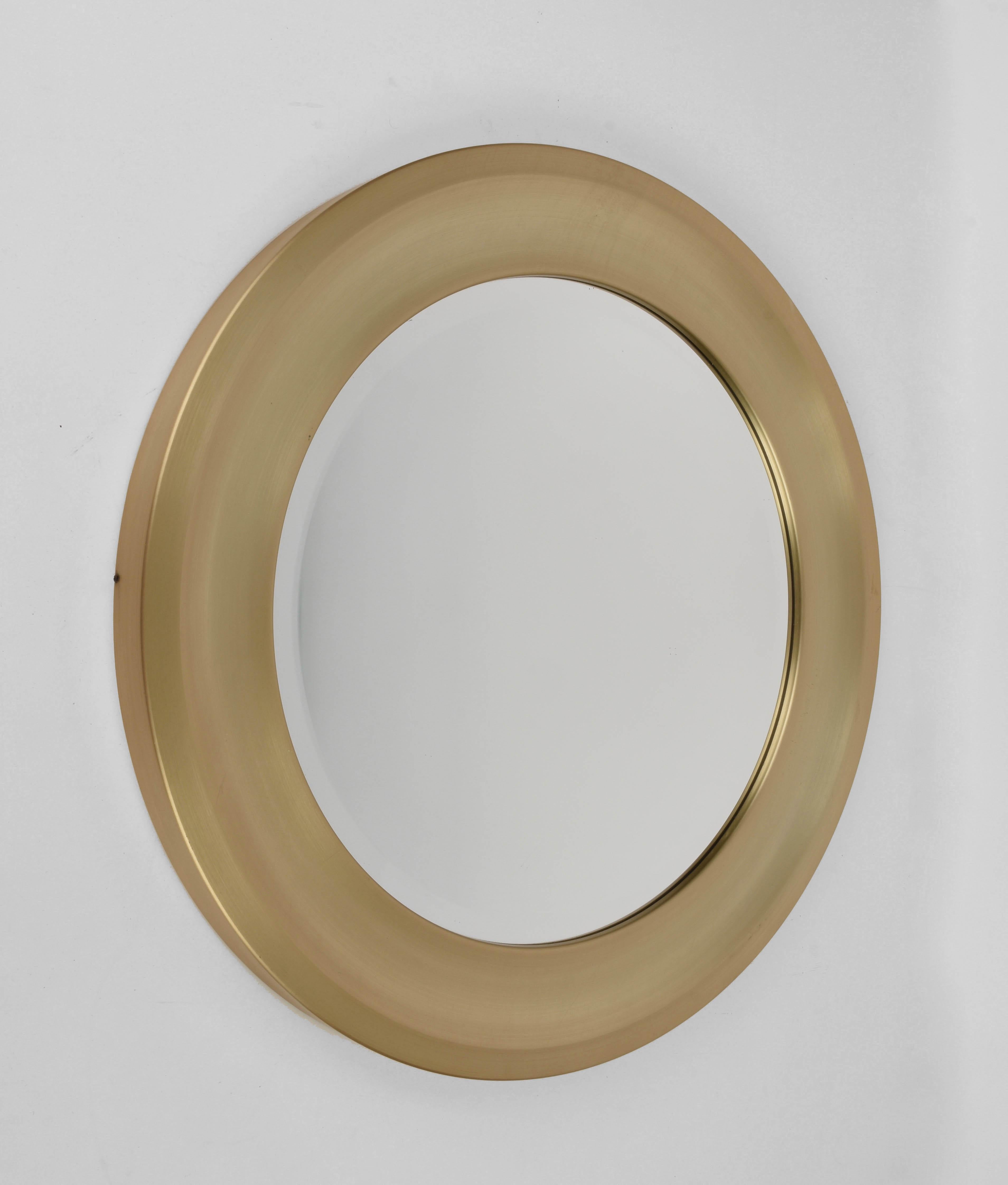 Beveled Midcentury Gilded Aluminum Frame Round Bevel Italian Mirror Artemide Style 1960s For Sale