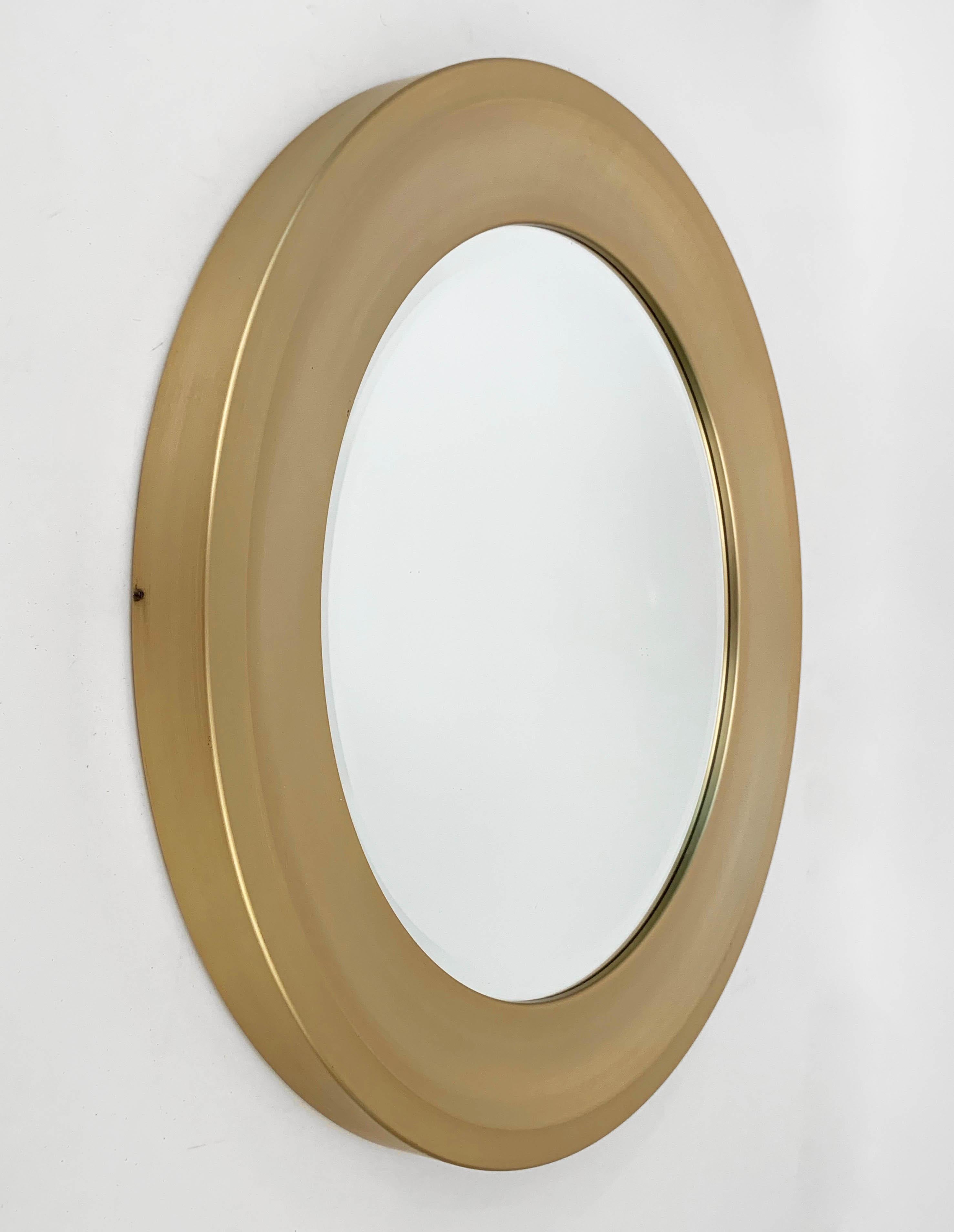 Midcentury Gilded Aluminum Frame Round Bevel Italian Mirror Artemide Style 1960s For Sale 1