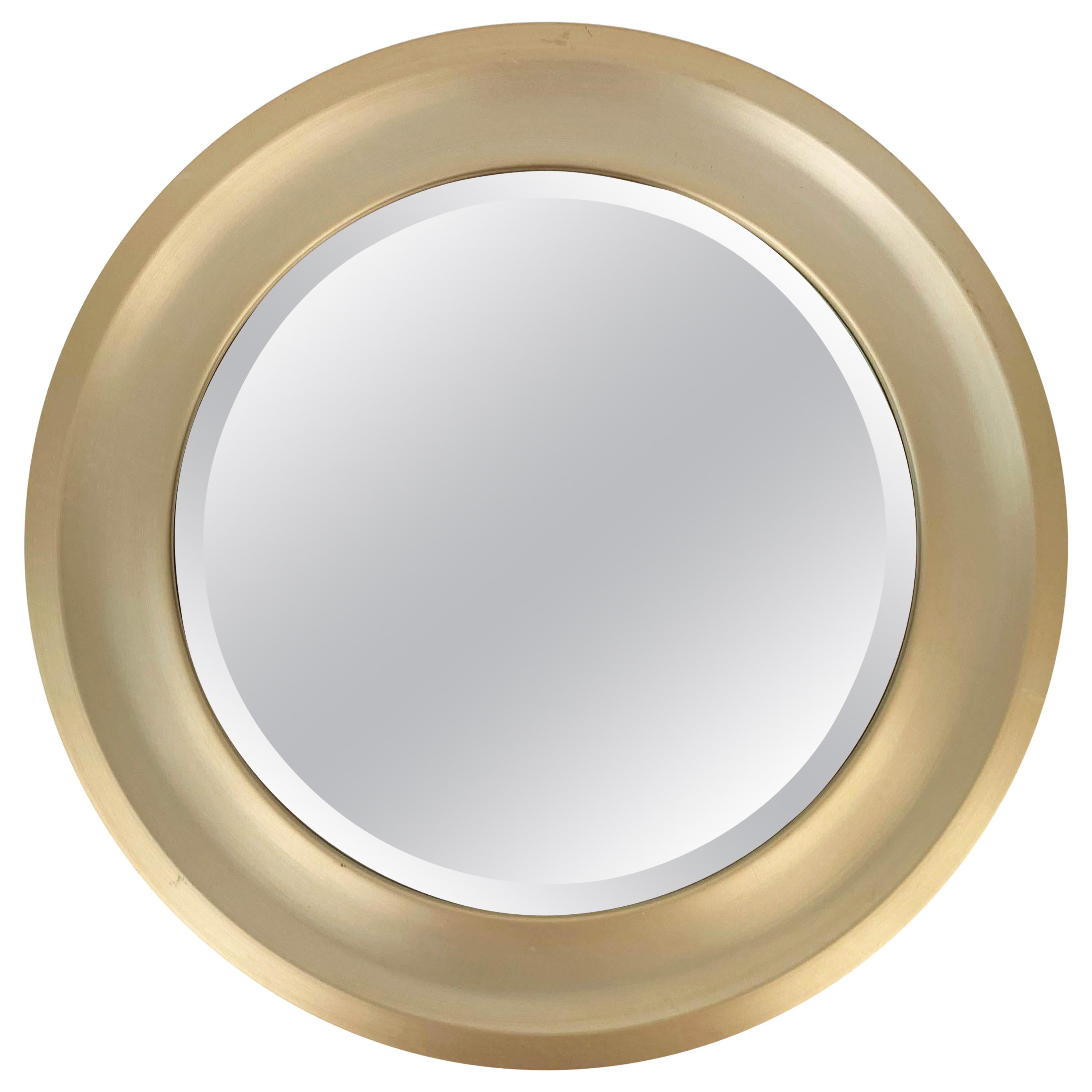 Midcentury Gilded Aluminum Frame Round Bevel Italian Mirror Artemide Style 1960s For Sale