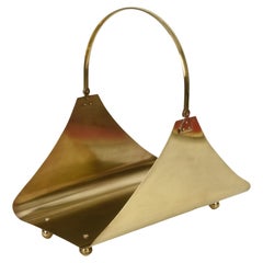 Used Midcentury Gilded Brass Italian Firewood or Magazine Holder with Handle, 1970s