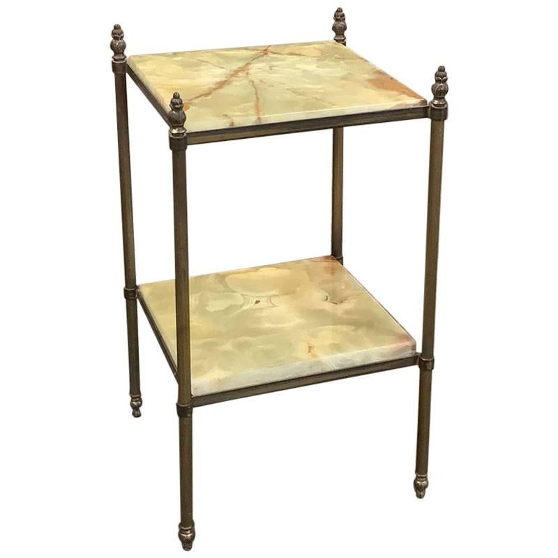 Midcentury Gilded Brass Neoclassical End Table with Two Tiers Onyx Top