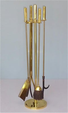Midcentury Gilt Brass Fire Place Tool Set Stand French Bagues Jansen Style 1970