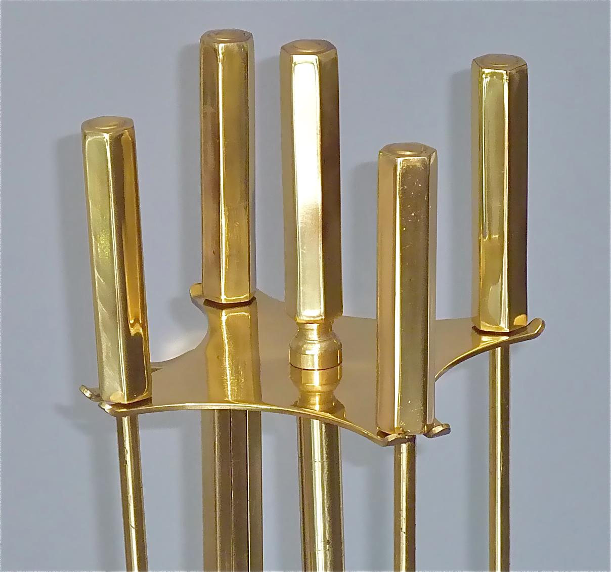 Mid-Century Modern Midcentury Gilt Brass Fire Place Tool Set Stand French Bagues Jansen Style 1970 For Sale