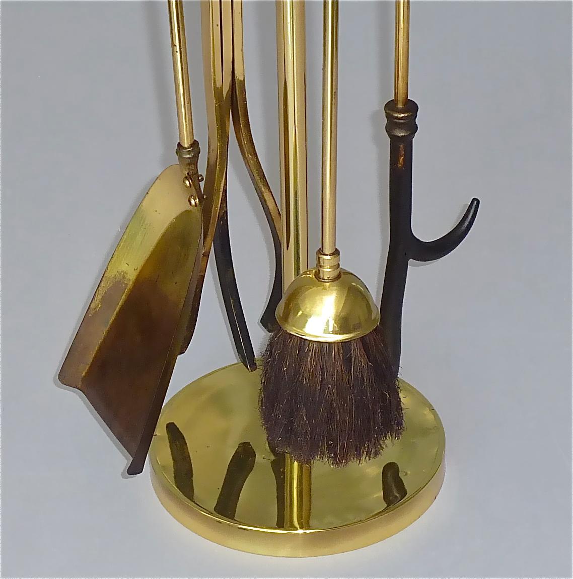 Blackened Midcentury Gilt Brass Fire Place Tool Set Stand French Bagues Jansen Style 1970 For Sale