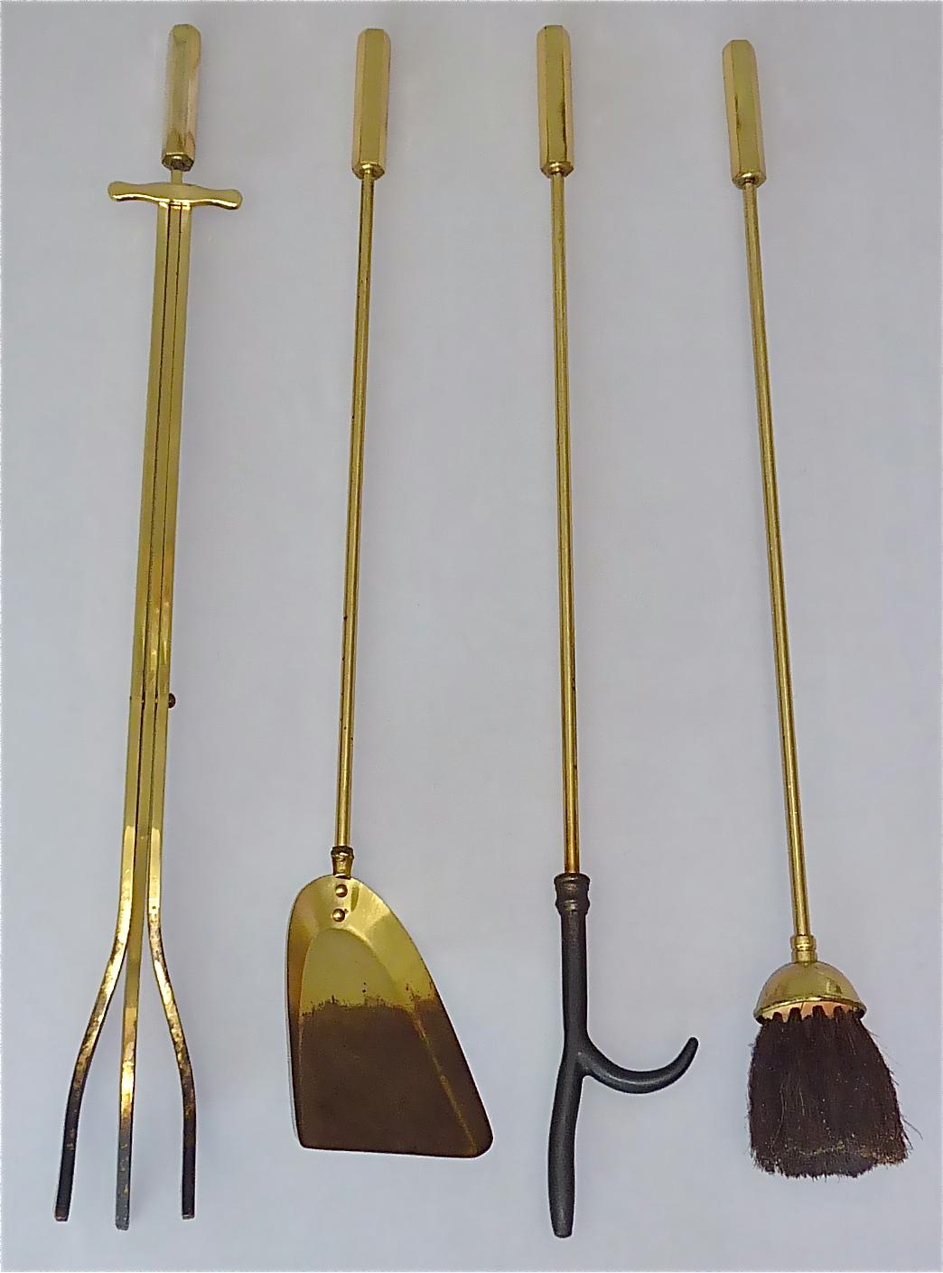 Midcentury Gilt Brass Fire Place Tool Set Stand French Bagues Jansen Style 1970 For Sale 2
