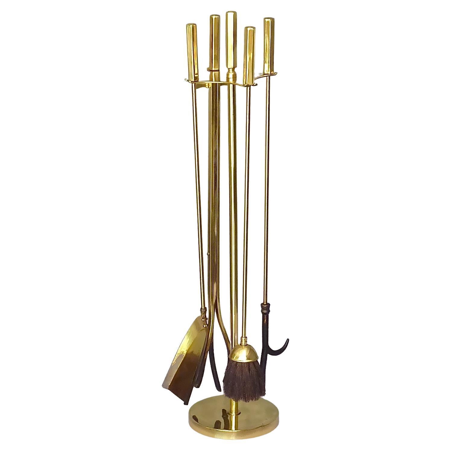 Midcentury Gilt Brass Fire Place Tool Set Stand French Bagues Jansen Style 1970 For Sale