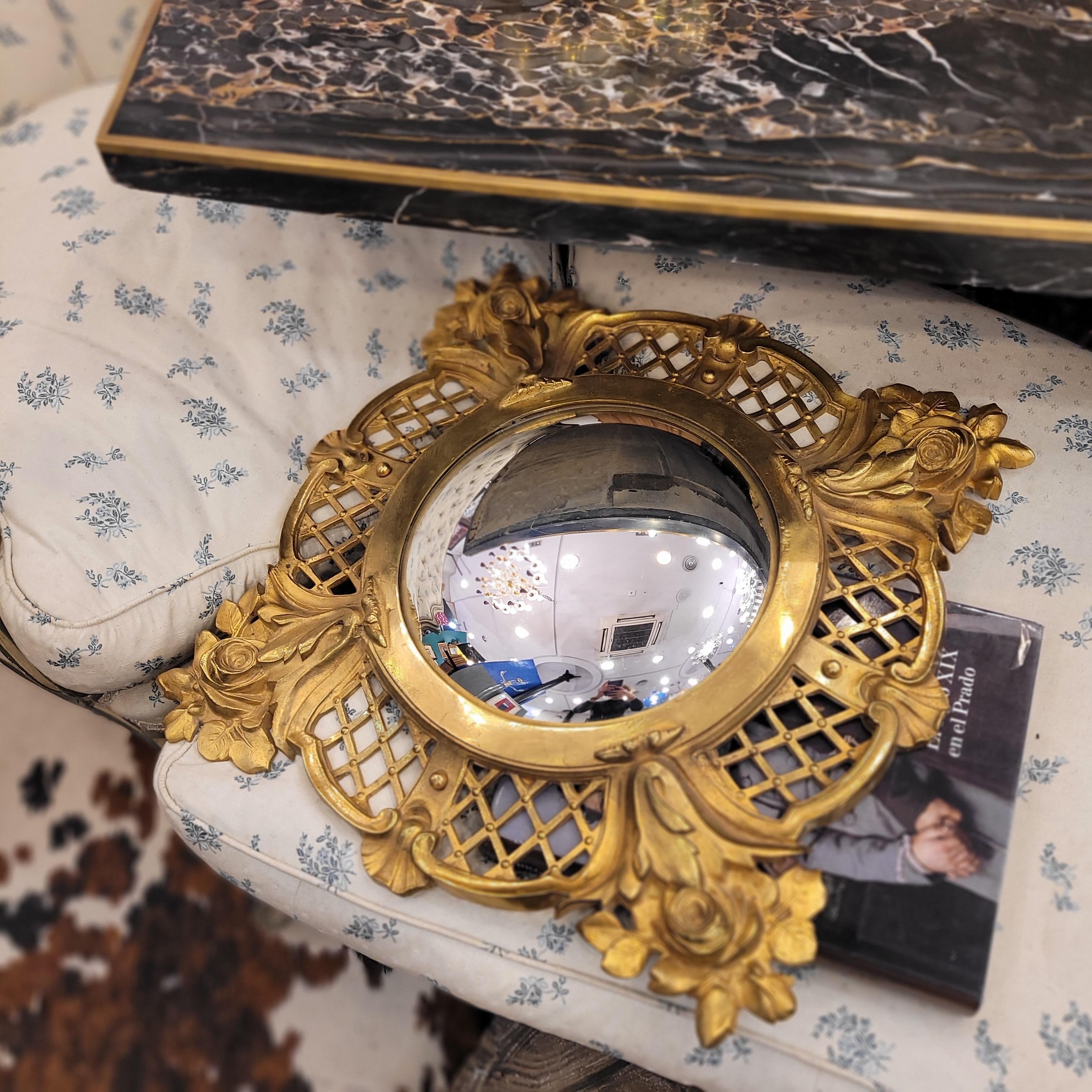 Midcentury gilt bronze convex mirror “Witch mirror” France For Sale 12