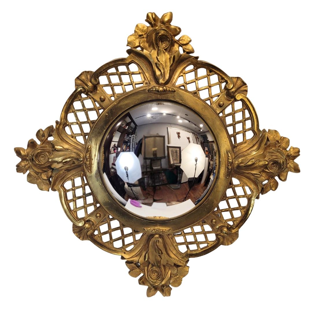 Art Nouveau Midcentury gilt bronze convex mirror “Witch mirror” France For Sale