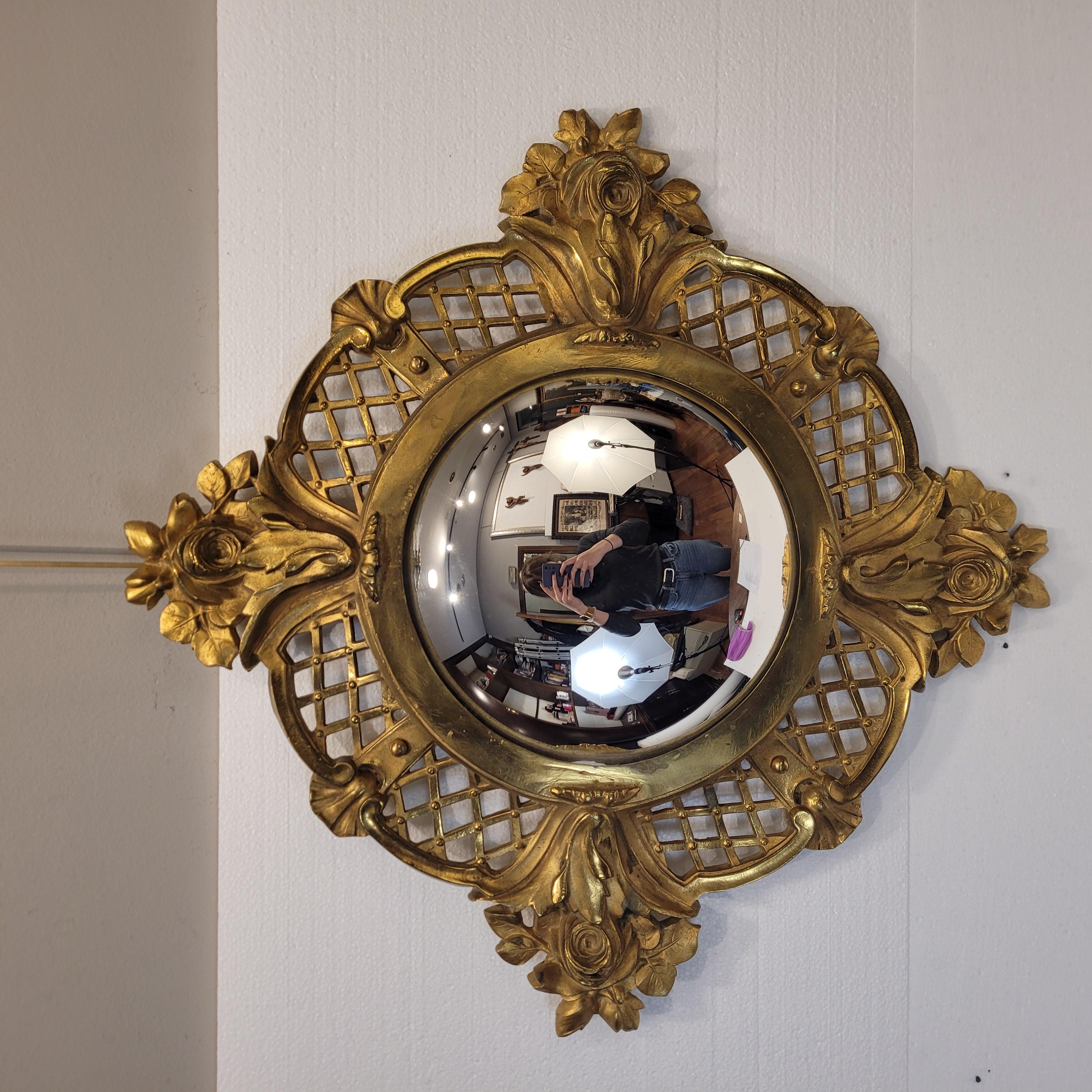 Hand-Crafted Midcentury gilt bronze convex mirror “Witch mirror” France For Sale