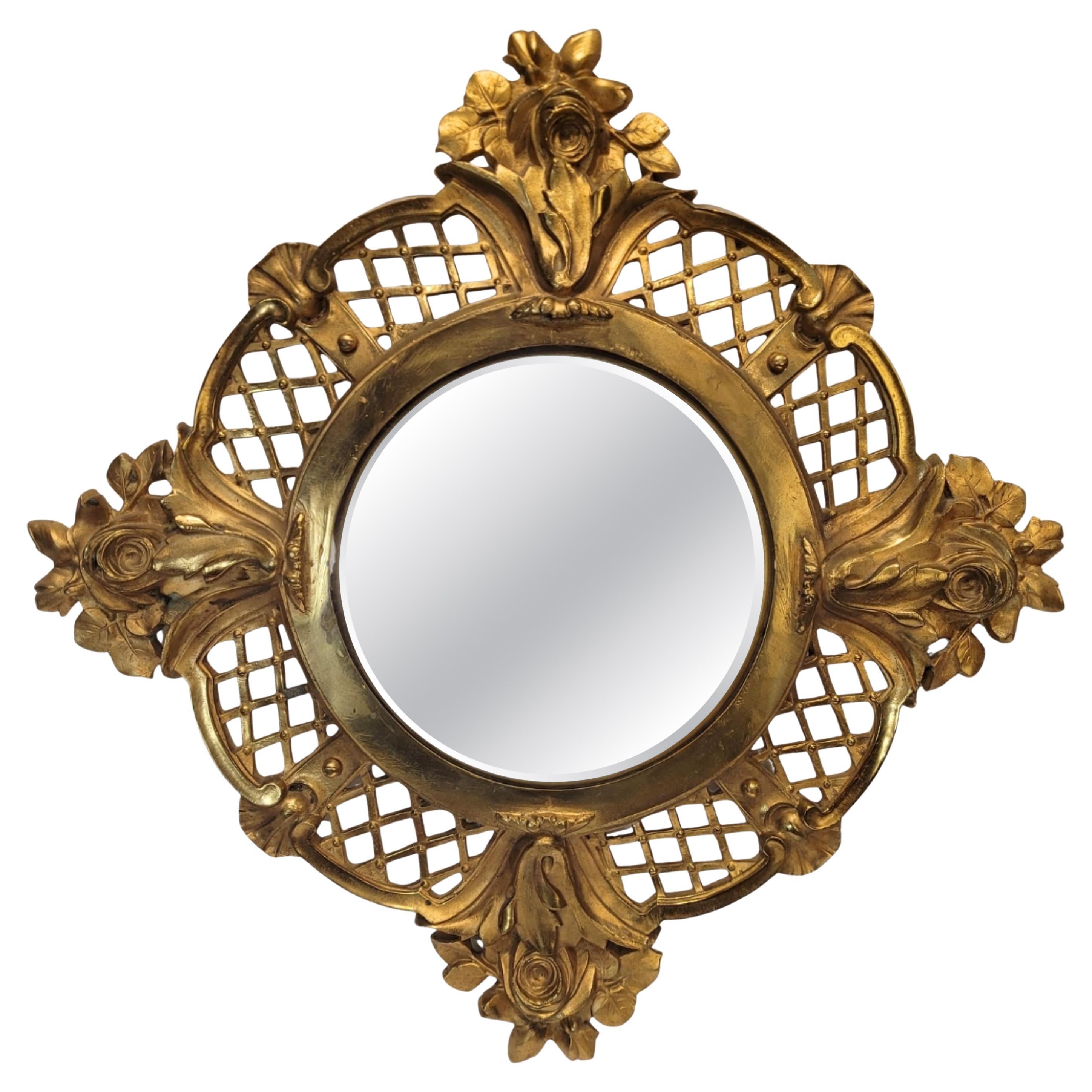 Midcentury gilt bronze convex mirror “Witch mirror” France For Sale