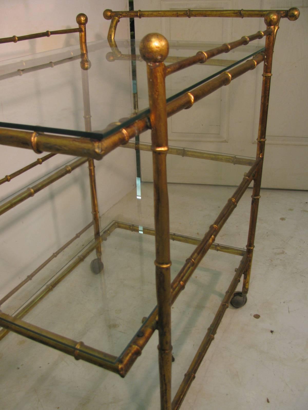 Iron Mid Century Gilt Faux Bamboo Three Tier Bar Cart For Sale