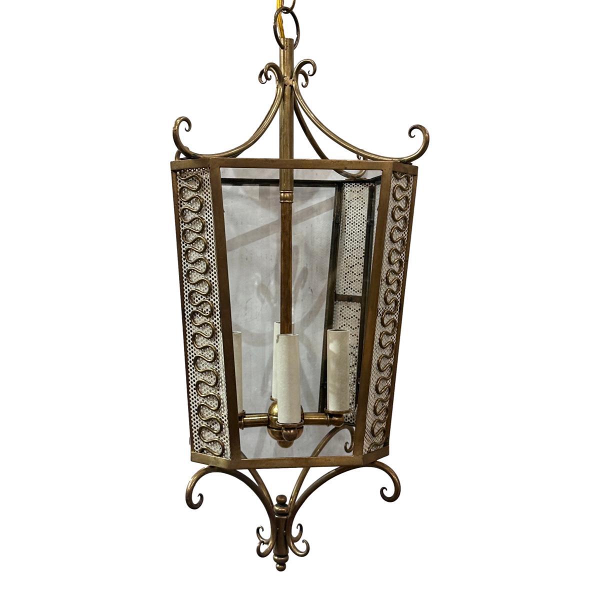 A circa 1960's Italian gilt lantern with etched glass panels.

Measurements:
Minimum drop: 25
