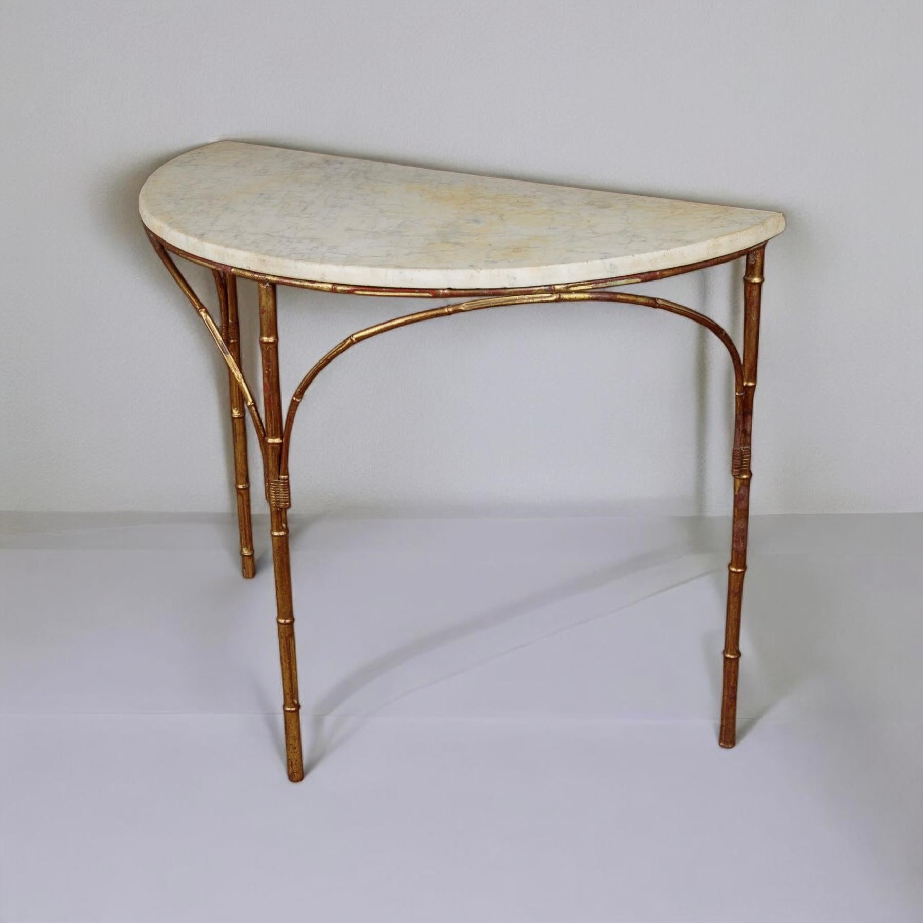 Mid-Century Modern Midcentury Gilt Metal Faux Bamboo Marble Topped Side Or Console Table