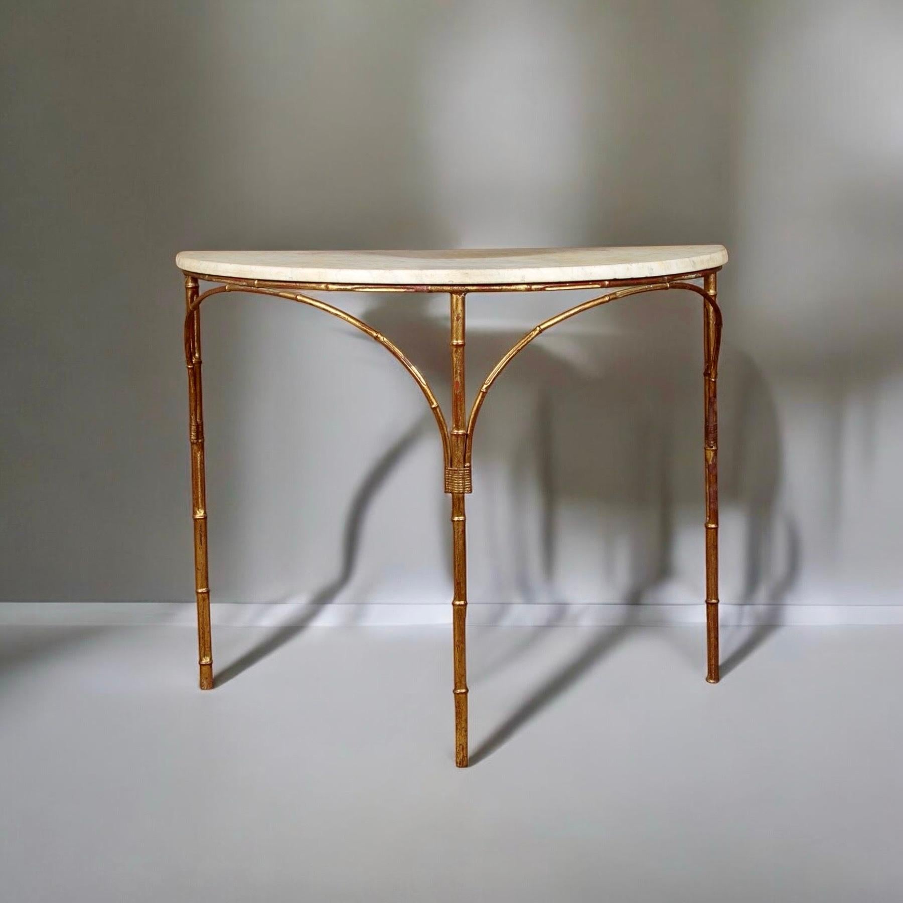 English Midcentury Gilt Metal Faux Bamboo Marble Topped Side Or Console Table