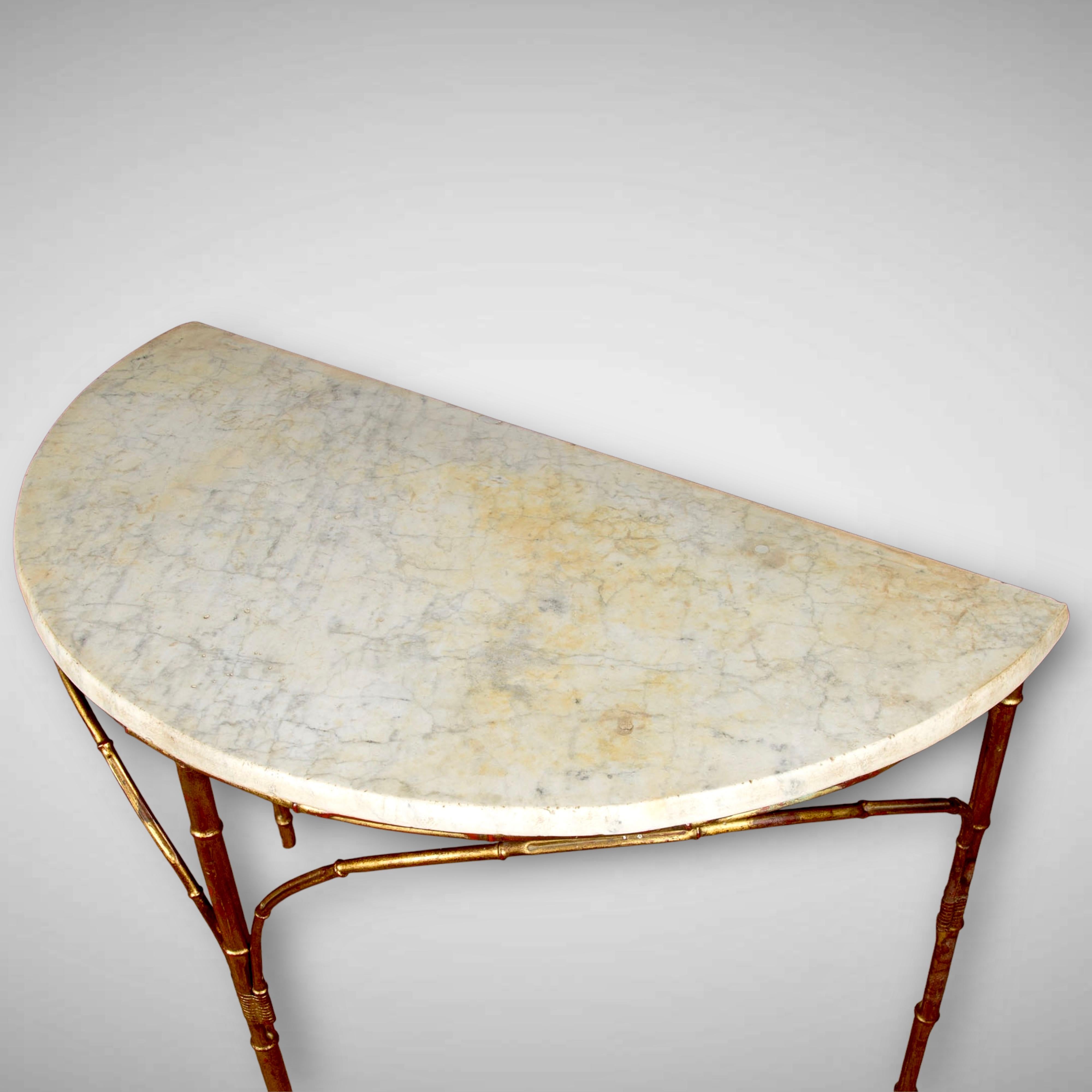 Midcentury Gilt Metal Faux Bamboo Marble Topped Side Or Console Table In Good Condition In London, GB