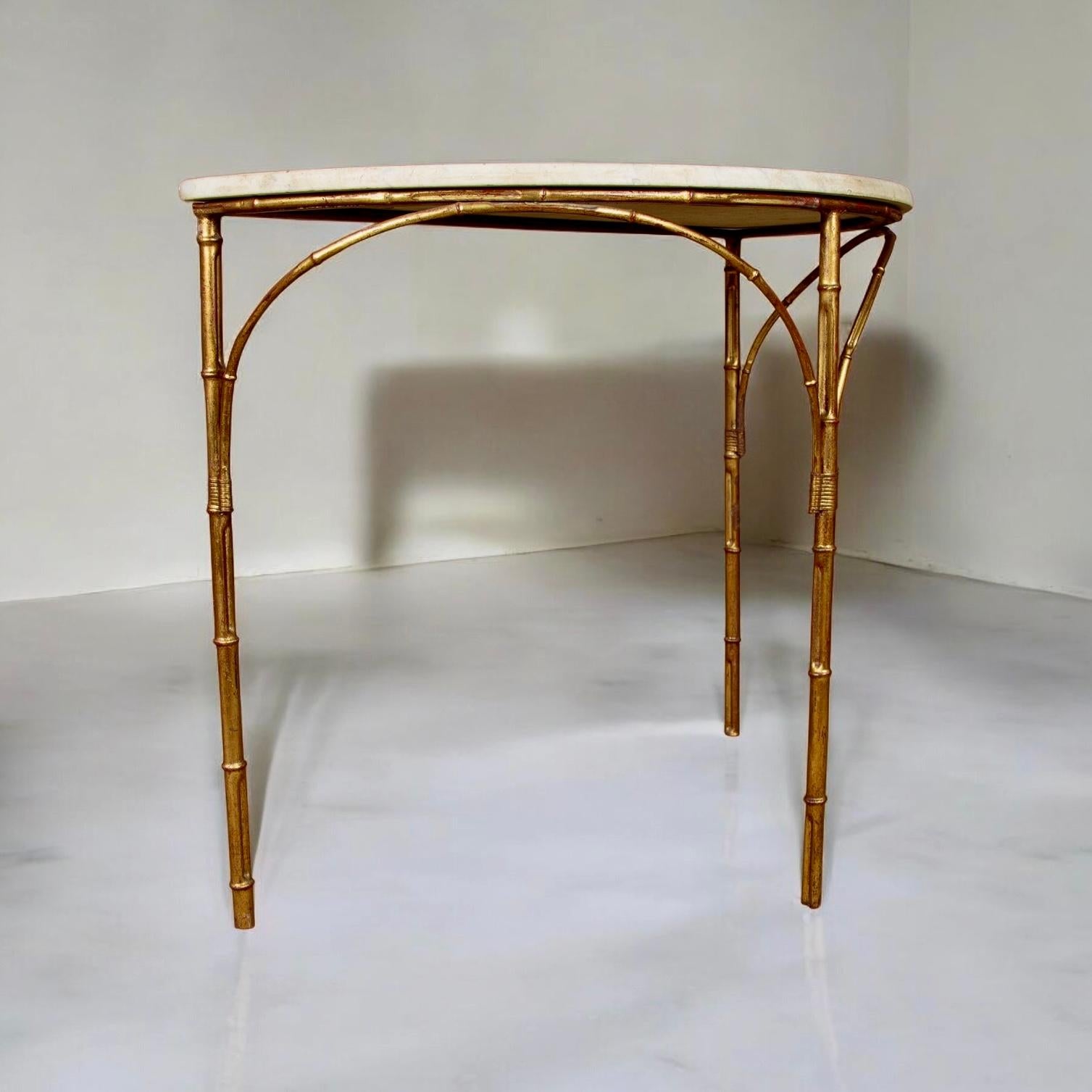 20th Century Midcentury Gilt Metal Faux Bamboo Marble Topped Side Or Console Table