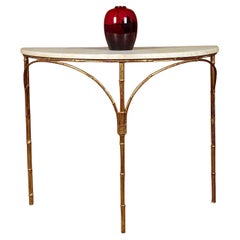 Midcentury Gilt Metal Faux Bamboo Marble Topped Side Or Console Table
