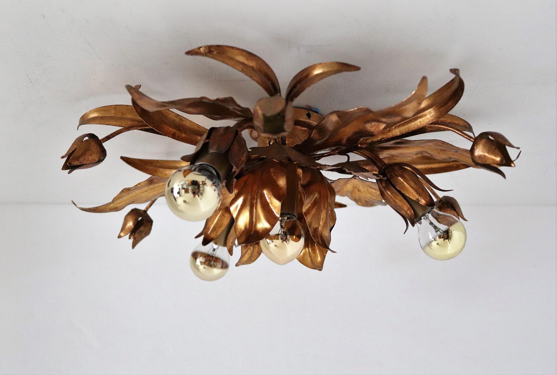 Midcentury Gilt Metal Flower Flush Mount Light or Wall Light by Hans Kögl, 1970s 1