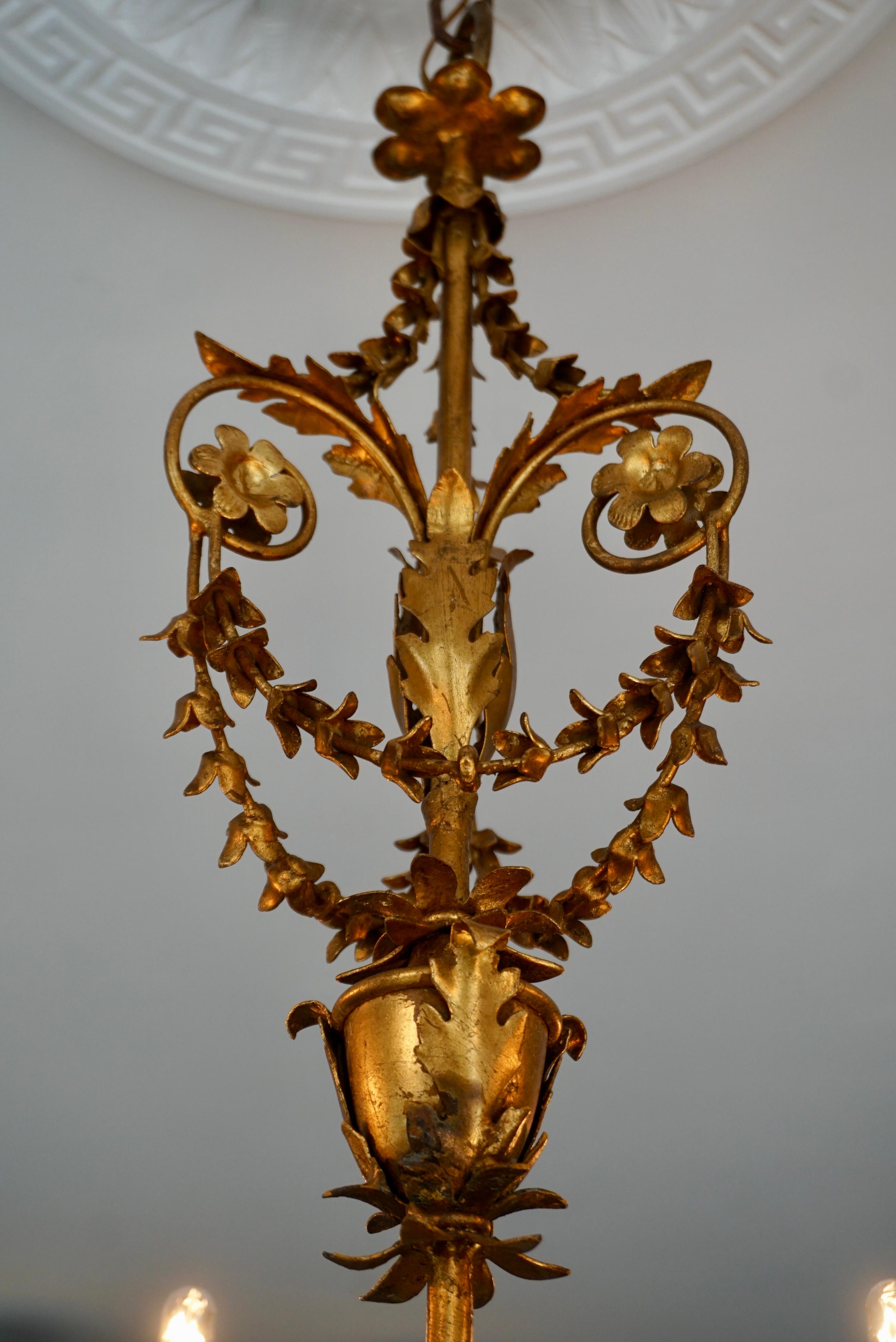 20th Century Midcentury Gilt Metal Palm Leave Chandelier For Sale