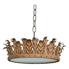 Midcentury Gilt Metal Spanish Semi-Flush Crown Chandelier with Foliage